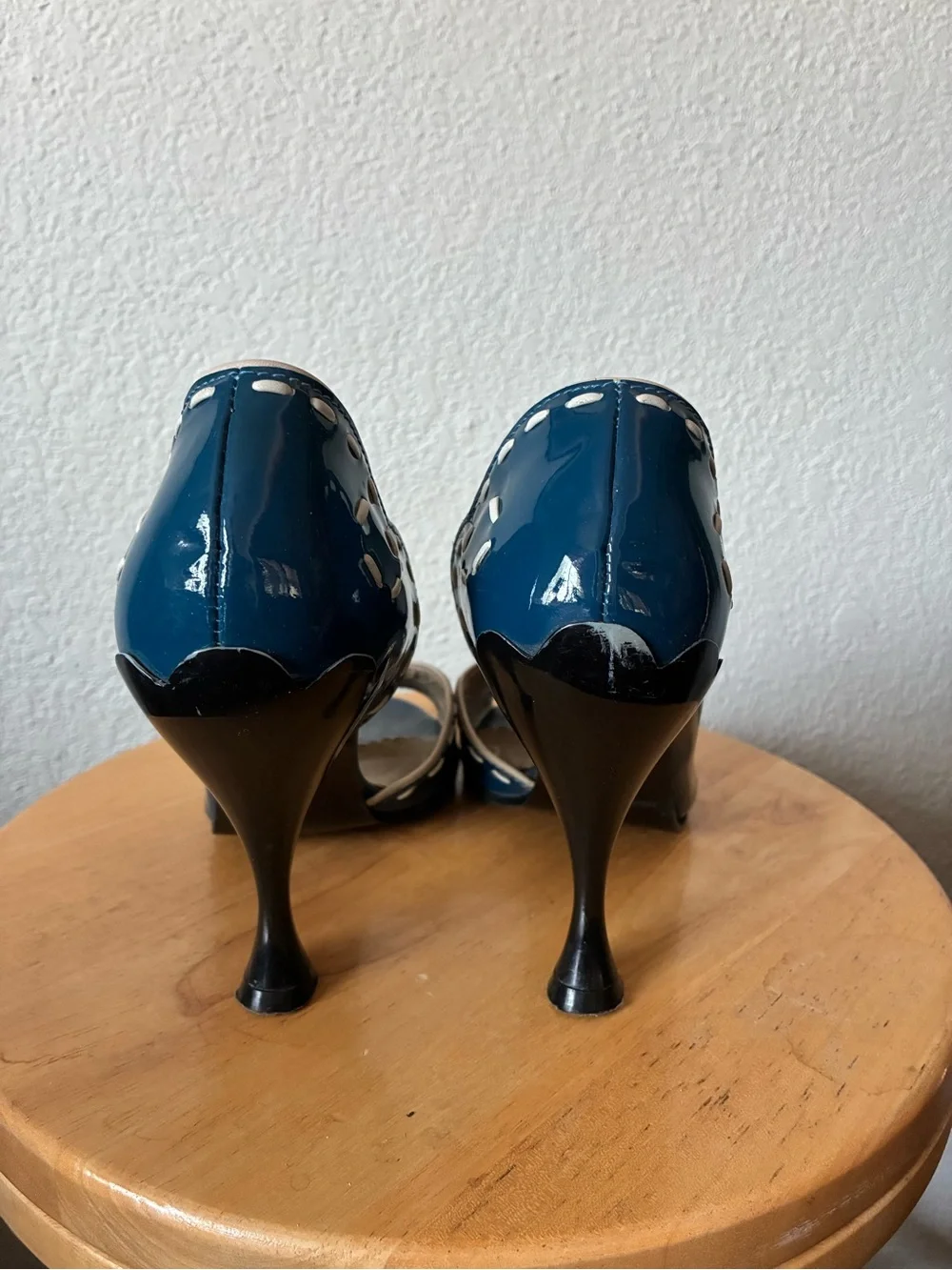 John Fluevog Hepburn Peep-Toe Heels with Black Flared Heels